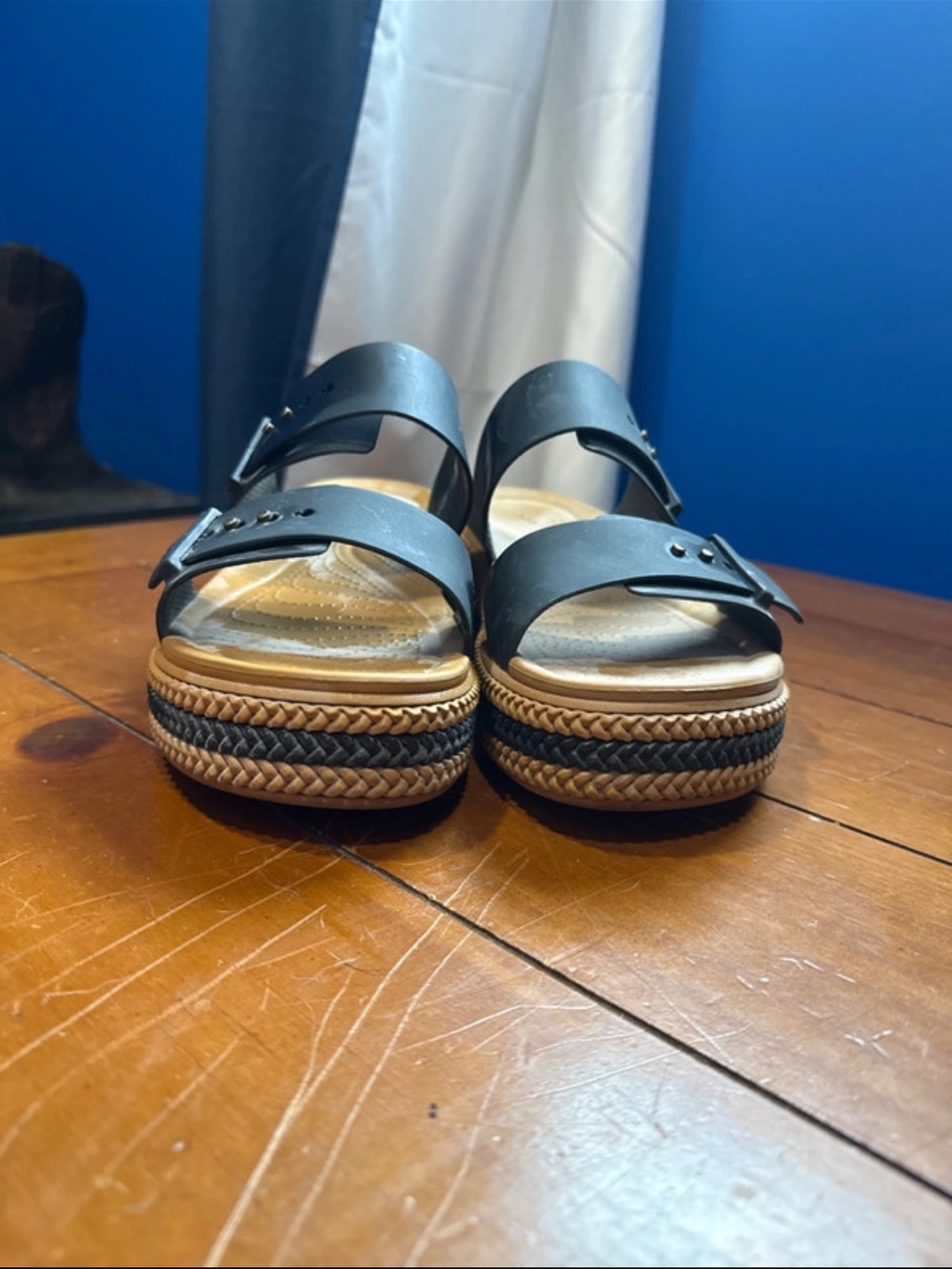 CROCS Black Dual-Strap Platform Slides with Tan Braided Wedge - Picture 2 of 6